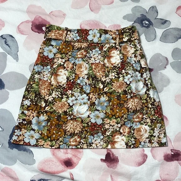 Zara Floral Mini Belted Cotton Skirt Size Small - Picture 5 of 8